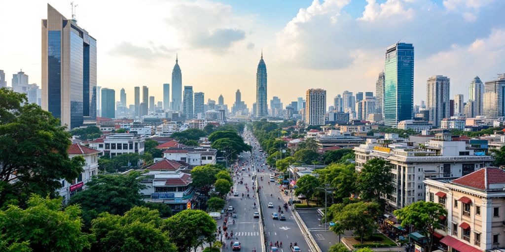 Pemandangan kota Jakarta dengan gedung ikonik dan jalanan ramai.