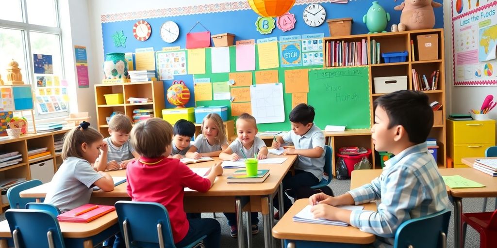 Gambar kelas yang cerah dengan siswa yang belajar aktif.