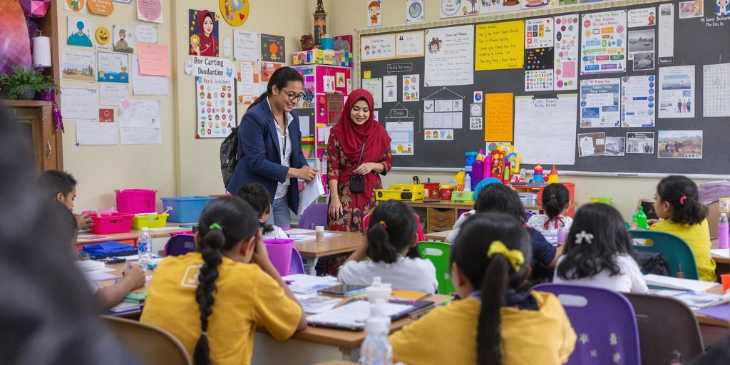 Siswa dan guru berinteraksi di ruang kelas yang ceria.