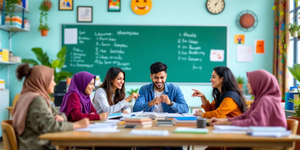 Siswa belajar bahasa Indonesia dengan semangat dan ceria.