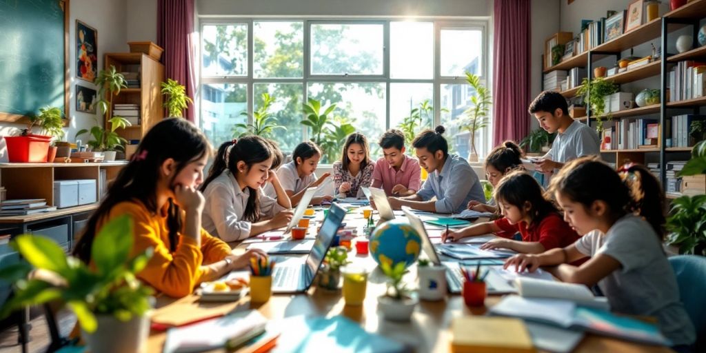 Kelas yang ceria dengan anak-anak belajar bersama.